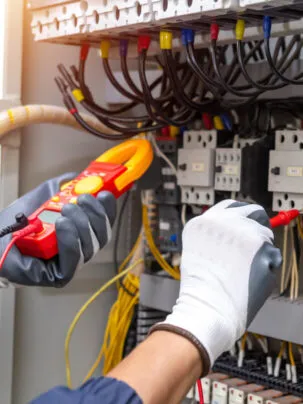 Technician wearing safety gloves testing electrical connections inside a control panel using a clamp meter.